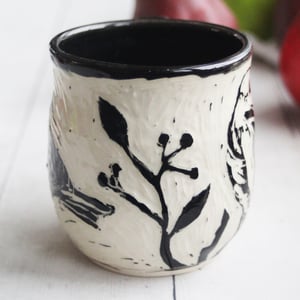 Image of Chickadee and Sparrow Sgraffito Mug, Beautiful Carved Birds Coffee Cup, 13 oz., Made in USA