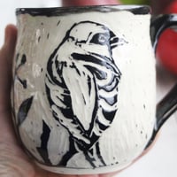 Image 4 of Chickadee and Sparrow Sgraffito Mug, Beautiful Carved Birds Coffee Cup, 13 oz., Made in USA