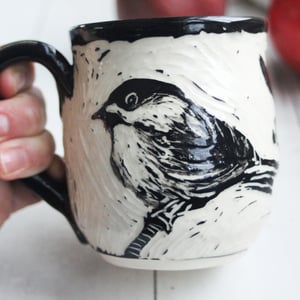 Image of Chickadee and Sparrow Sgraffito Mug, Beautiful Carved Birds Coffee Cup, 13 oz., Made in USA