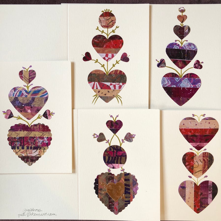 Image of 5 Blank Valentine's or All Occasion Handmade Heart cards Pink Gold Red Purple