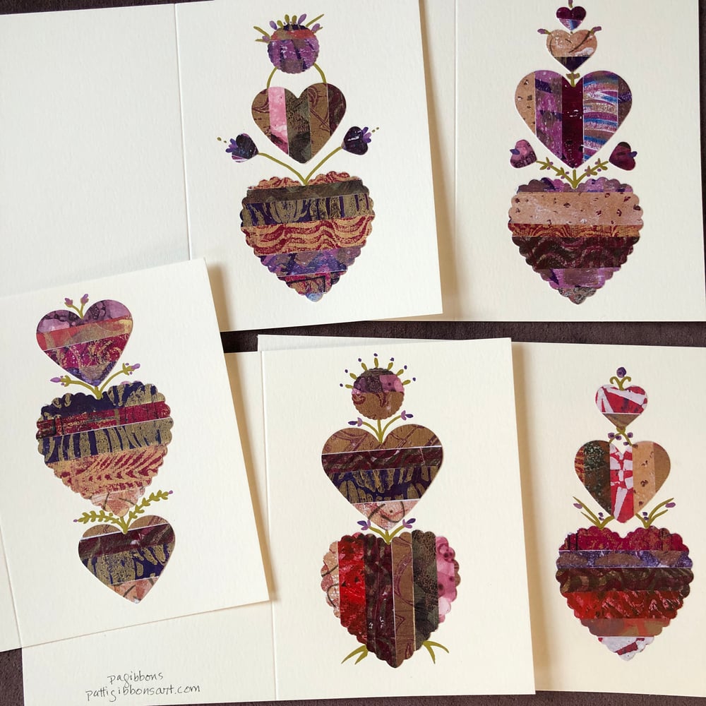 Image of 5 Blank Valentine's or All Occasion Handmade Heart cards Pink Gold Red Purple SET #2
