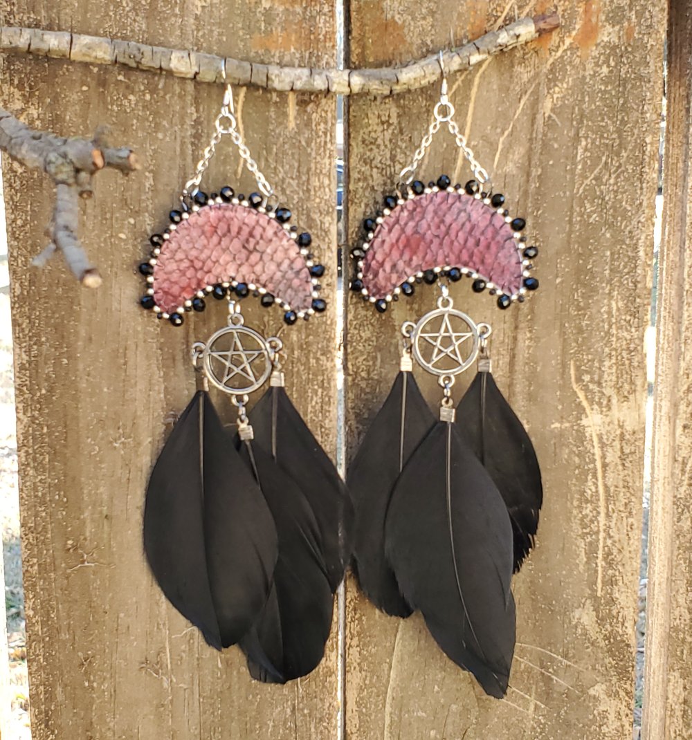 Image of Salmon Skin Moon Beaded Earrings with Pentacles & Feathers