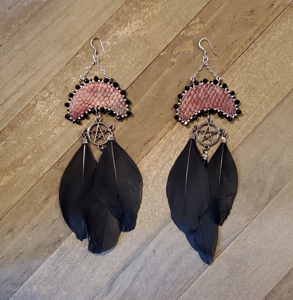 Image of Salmon Skin Moon Beaded Earrings with Pentacles & Feathers