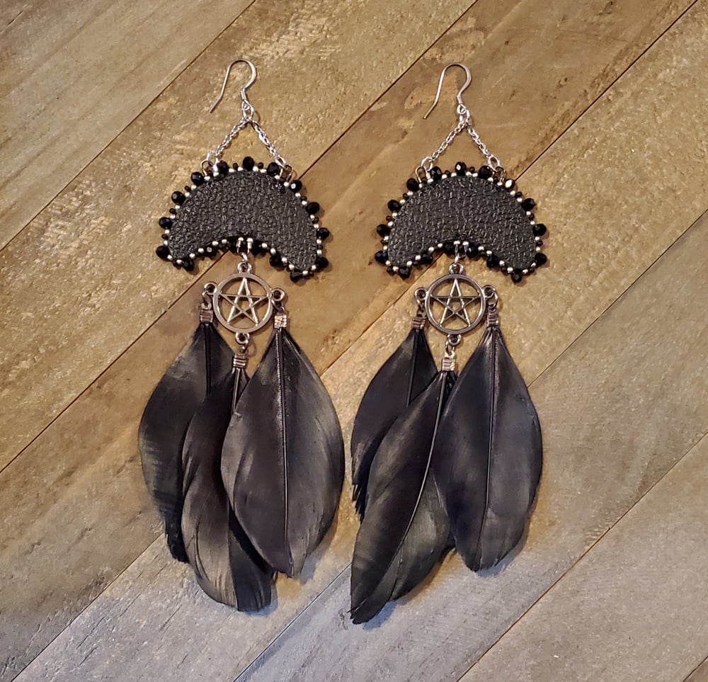 Image of Salmon Skin Moon Beaded Earrings with Pentacles & Feathers