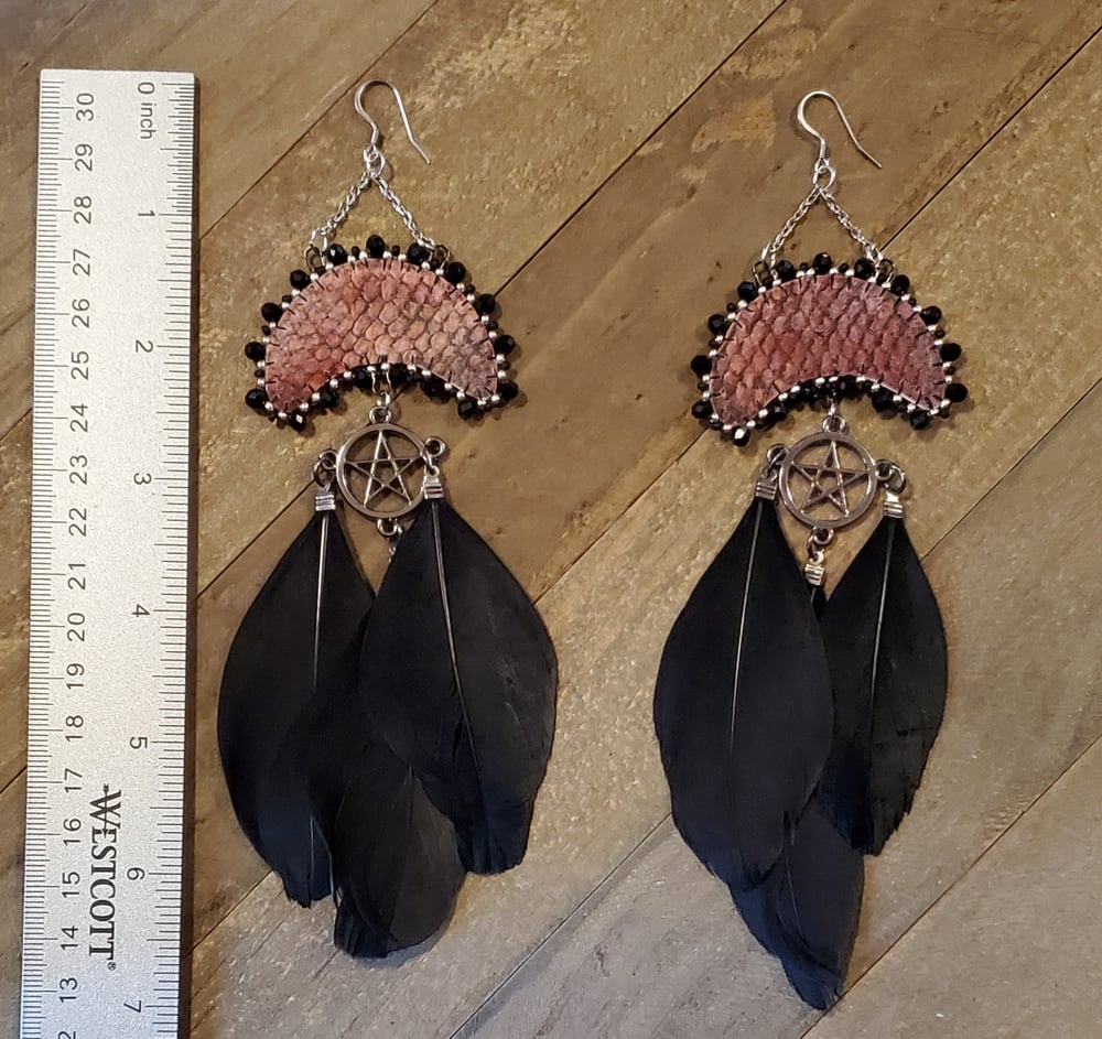 Image of Salmon Skin Moon Beaded Earrings with Pentacles & Feathers