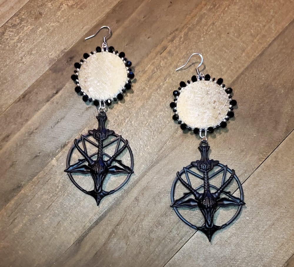 Image of Full Moon Over Baphomet Salmon Skin Beaded Earrings