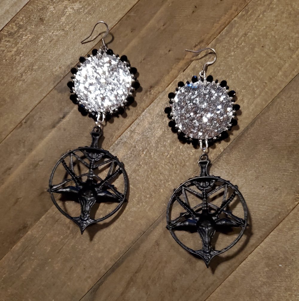 Image of Full Moon Over Baphomet Salmon Skin Beaded Earrings