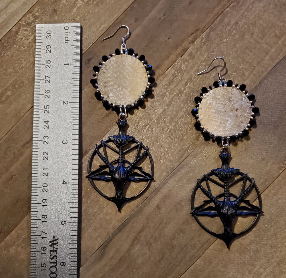 Image of Full Moon Over Baphomet Salmon Skin Beaded Earrings