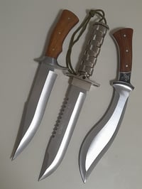 Image 1 of Set 3 Knives - 1 Survival Outdoor + 1 Bowie with Leather Sheath + 1 Kukri Fixed Blade