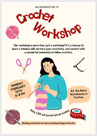 Image 1 of Yatton “An introduction to crochet” workshop Monday February 19th 6-8 pm The Note Warehouse 