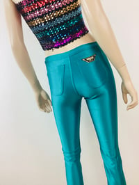 Image 3 of Vintage 1970s Teal Green Spandex Bojeangles Disco Pants