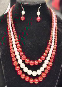 Red and White 3 Strand Pearl Necklace Set