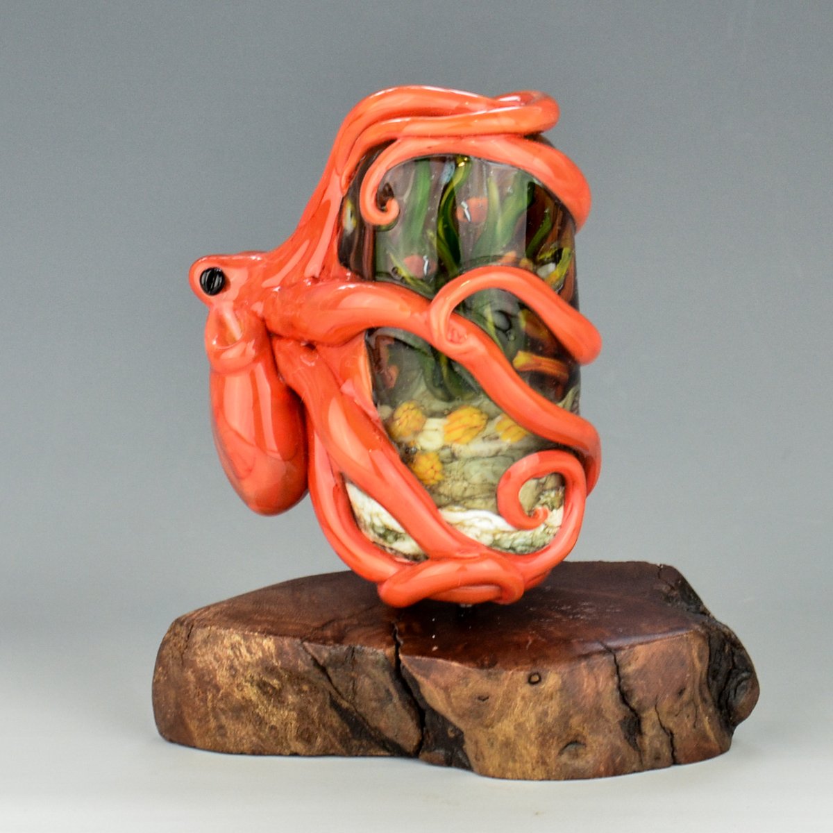 Image of XXXL. Coral Red Kraken and it's Coral Reef Garden - Flamework Glass Sculpture