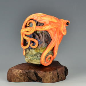 Image of XXXL. Bright Coral Orange Kraken and it's Tropical Coral Reef Garden - Flamework Glass Sculpture