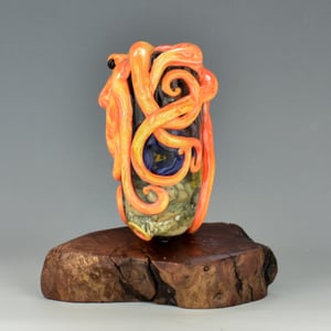 Image of XXXL. Bright Coral Orange Kraken and it's Tropical Coral Reef Garden - Flamework Glass Sculpture