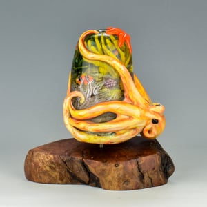 Image of XXL. Streaky Golden Coral Kraken Rising with a Reef Garden - Flamework Glass Sculpture