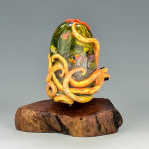 Image of XXL. Streaky Golden Coral Kraken Rising with a Reef Garden - Flamework Glass Sculpture
