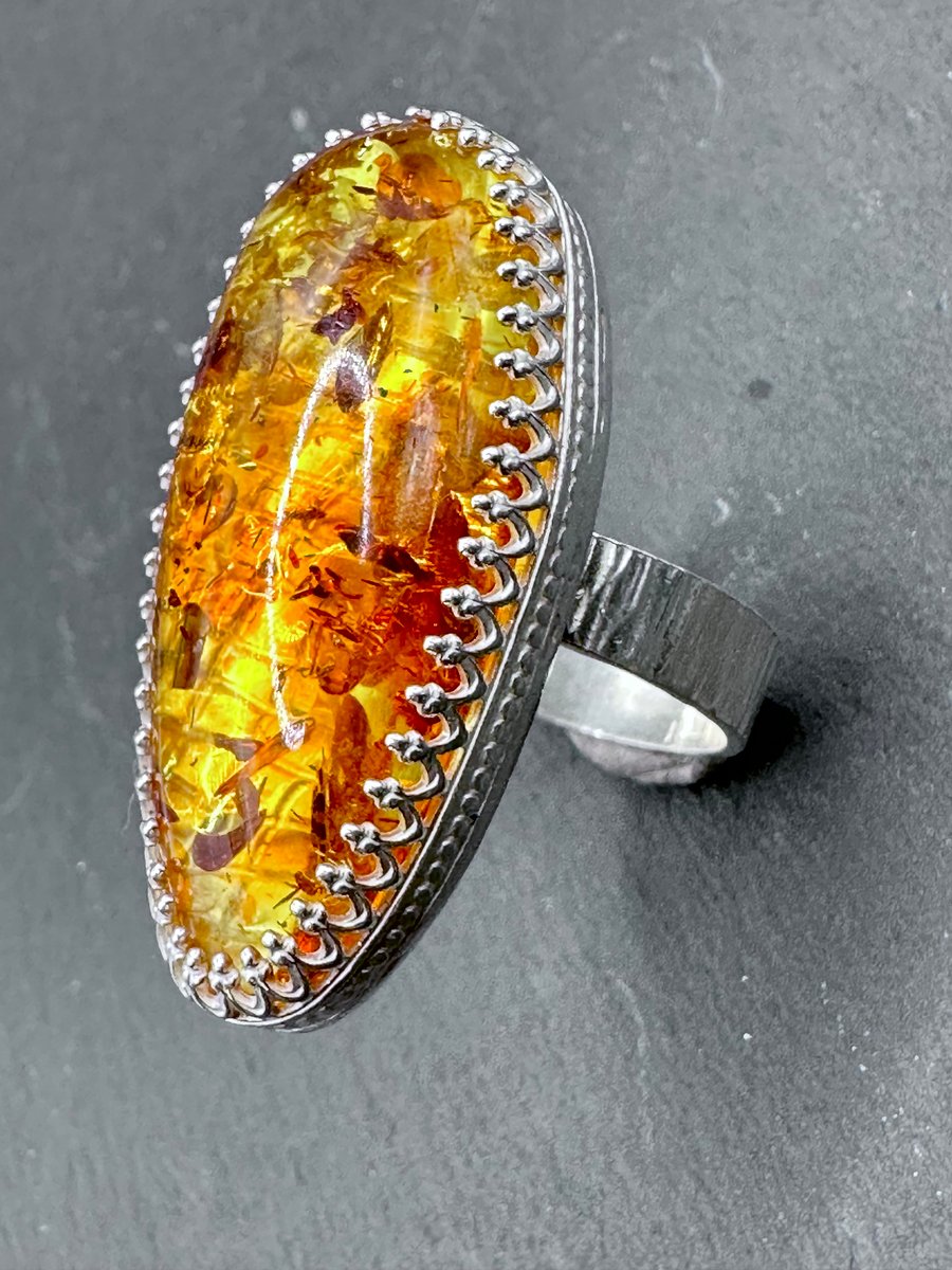 Large Amber & Sterling Silver factory Ring