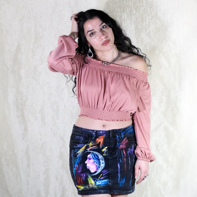 Crescent Faces Hand Painted Denim Skirt