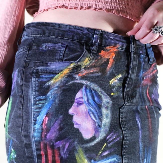 Crescent Faces Hand Painted Denim Skirt
