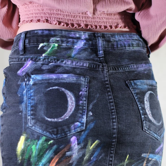 Crescent Faces Hand Painted Denim Skirt
