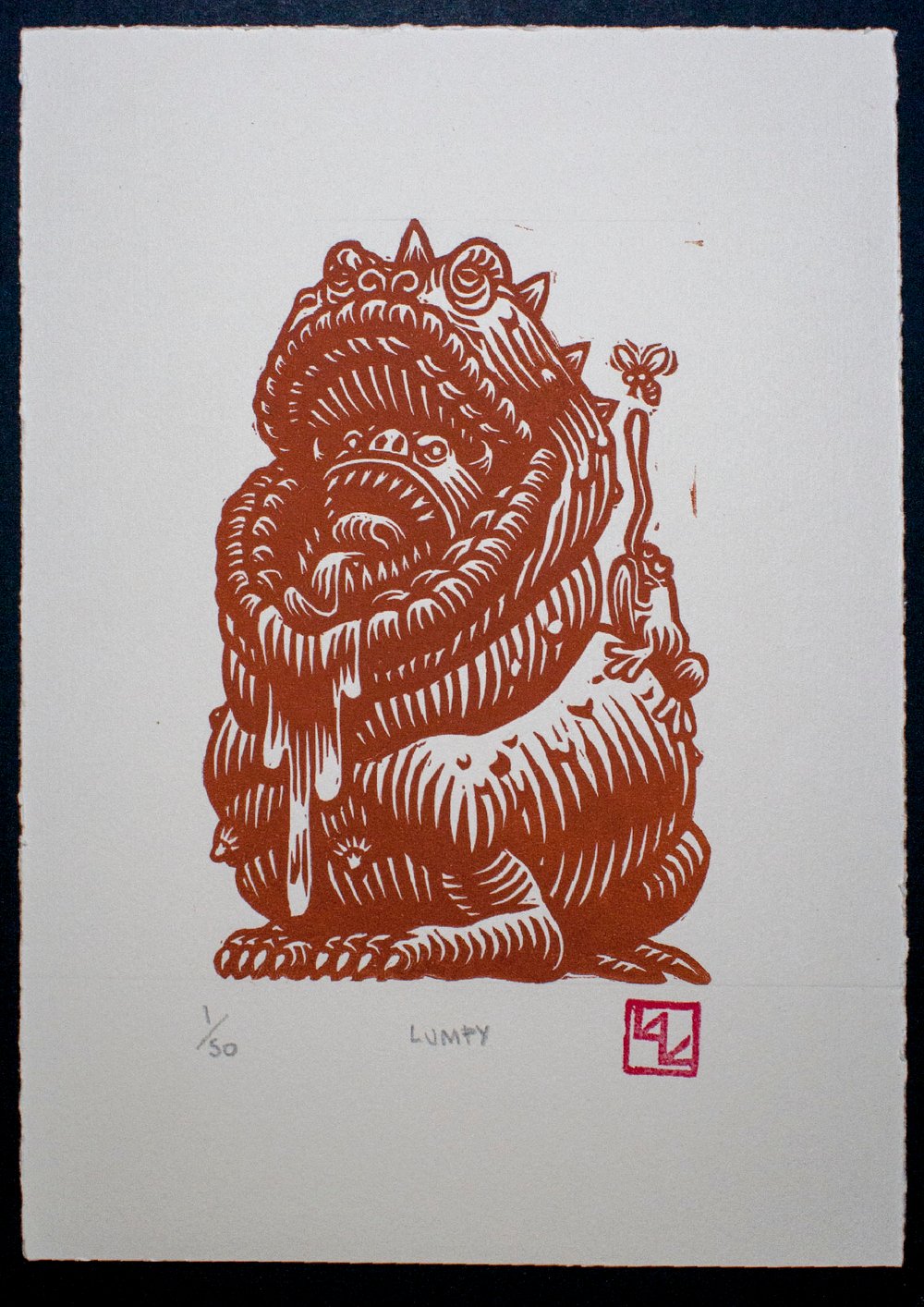 Lumpy Toad Linocut print and Model