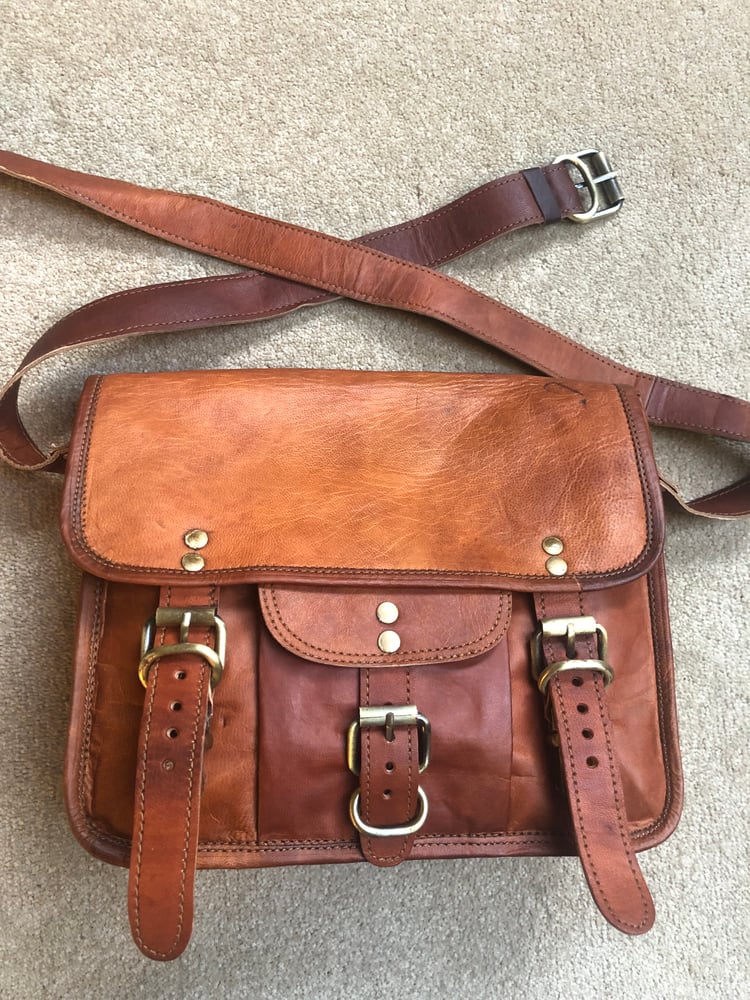 Image of REDUCED 11”x9” - iPad-Size #3A - Handmade Leather Satchel - Square with pocket