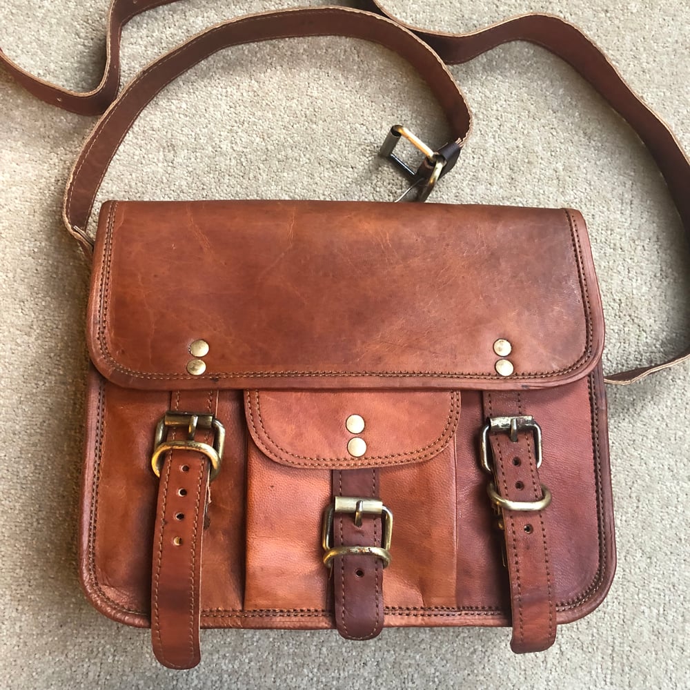 Image of REDUCED 11”x9” - iPad-Size #3B - Handmade Leather Satchel - Square with pocket