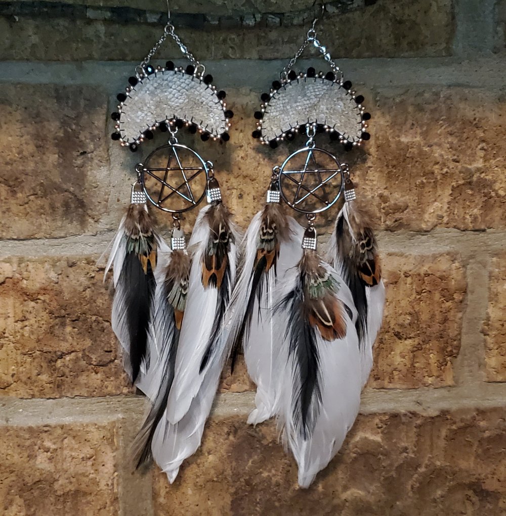 Image of Large Salmon Skin Moon Earrings with Pentacles & Feathers