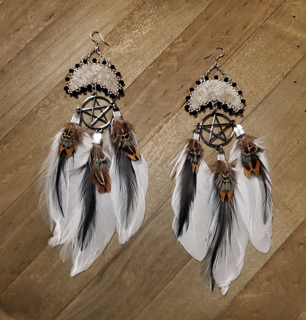 Image of Large Salmon Skin Moon Earrings with Pentacles & Feathers