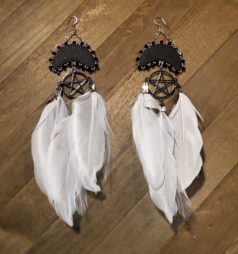 Image of Large Salmon Skin Moon Earrings with Pentacles & Feathers