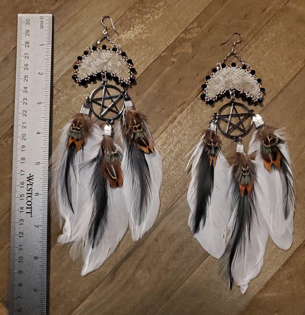 Image of Large Salmon Skin Moon Earrings with Pentacles & Feathers