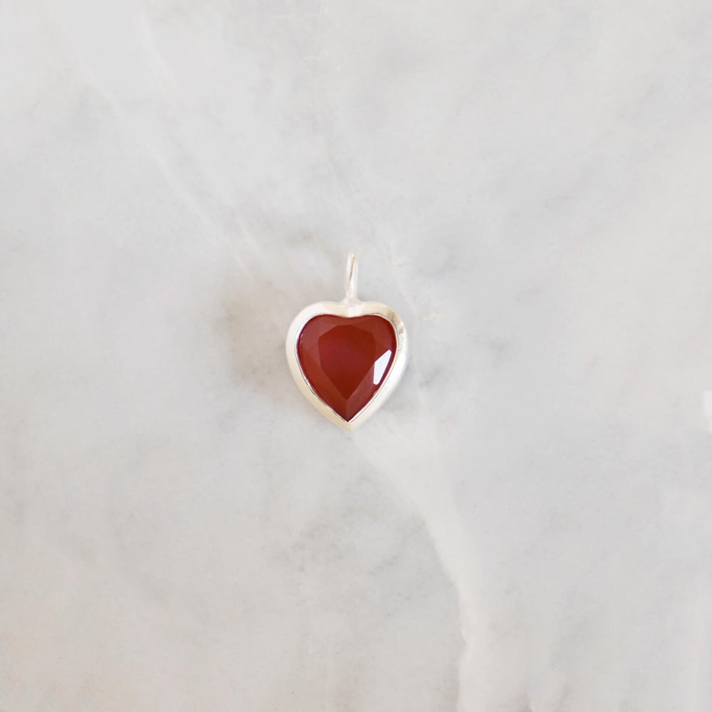 Image of Red Carnelian heart shape diamond cut silver necklace