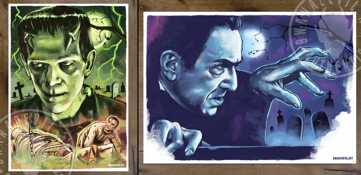 Image of Frankenstein (Boris Karloff) and Dracula (Bela Lugosi) print set