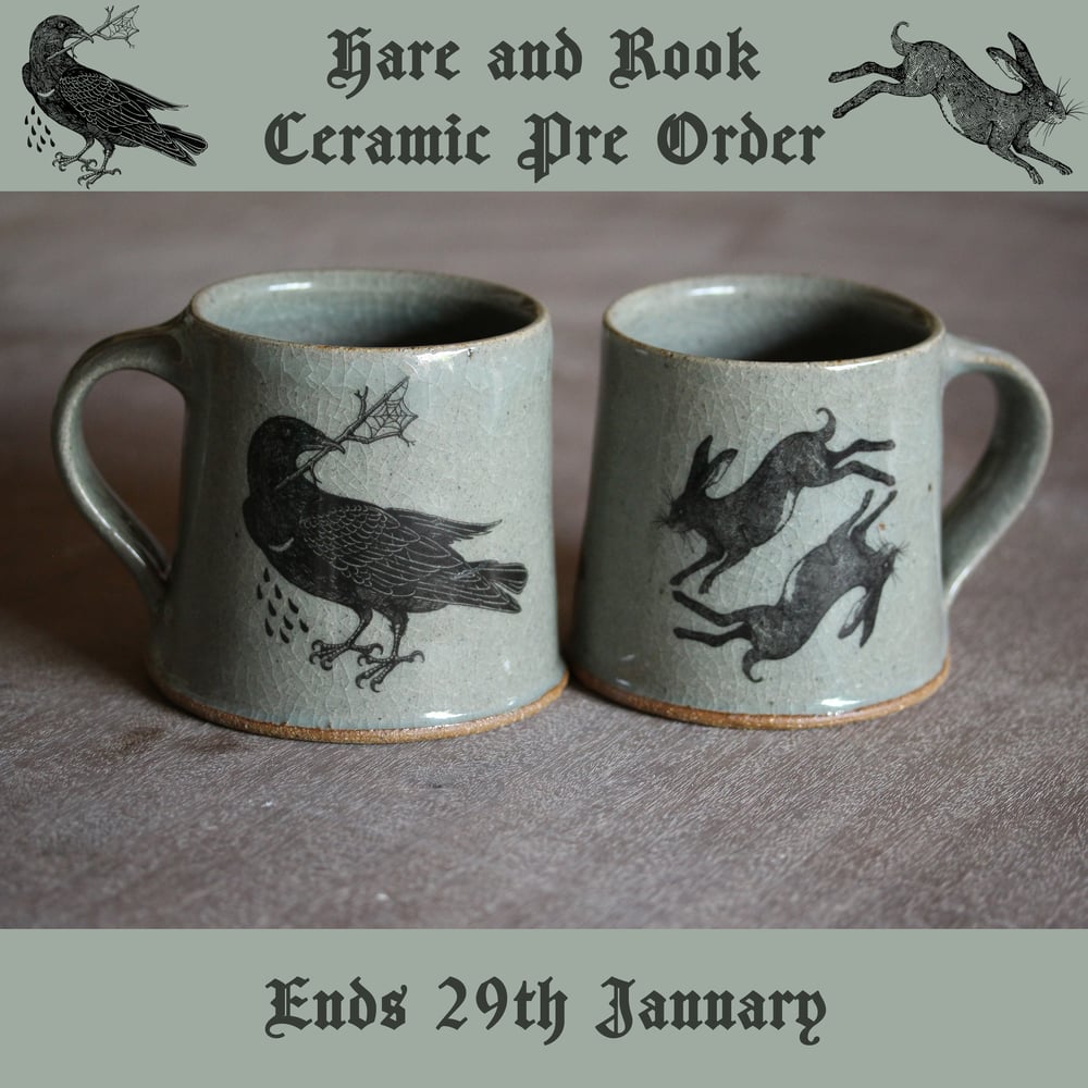 Hare and Rook Mug. Blue Celadon glaze. (PRE ORDER)
