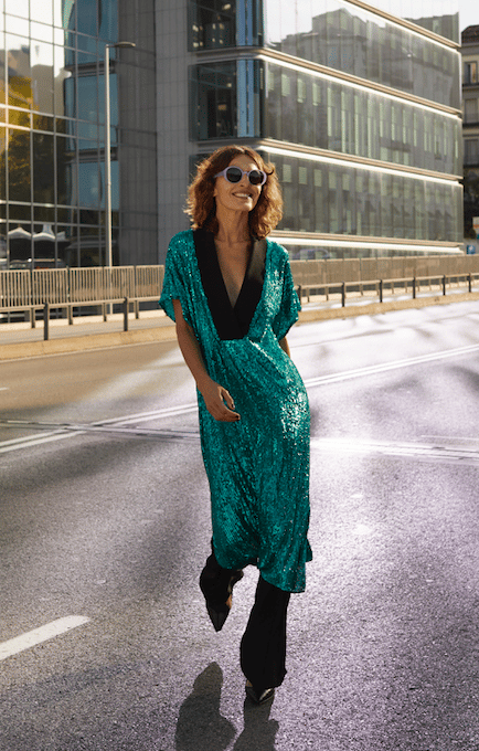 GREEN SEQUINS & BLACK CUFF V-NECK KAFTAN