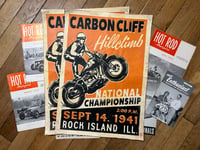 Image 1 of Carbon Cliff Motorcycle Hillclimb 1941 aged Linocut Print (large size Premium edition) FREE SHIPPING