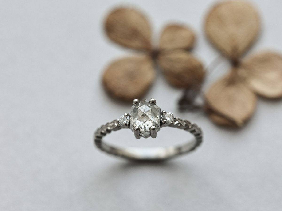 Image of *SALE - was £2650* Platinum, hexagonal rose-cut grey diamond trilogy ring (IOW193)