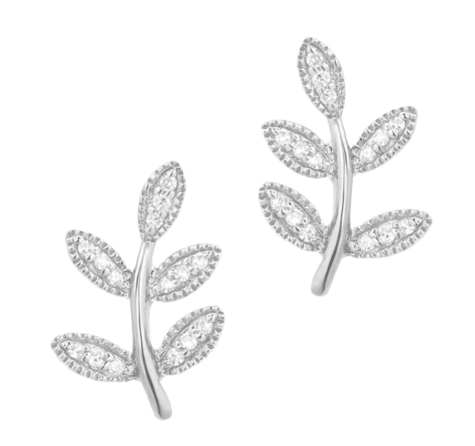 Image of 14 kt and Diamond Leaf Studs (Large or Small, Yellow Gold or White Gold)