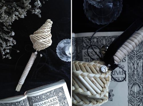 Image of CREPITACULA. PROTECTION ARTEFACT, FOLK RATTLE  ↟ wicker + customisable silver medallion