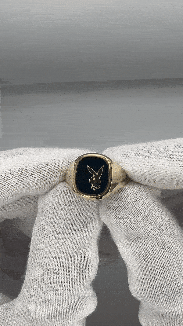Image of Vintage 9K Gold Square Playboy Onyx Signet Ring (1980's)