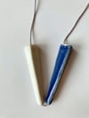 Porcelain necklace, silk chord in cloud, blue and white glazes