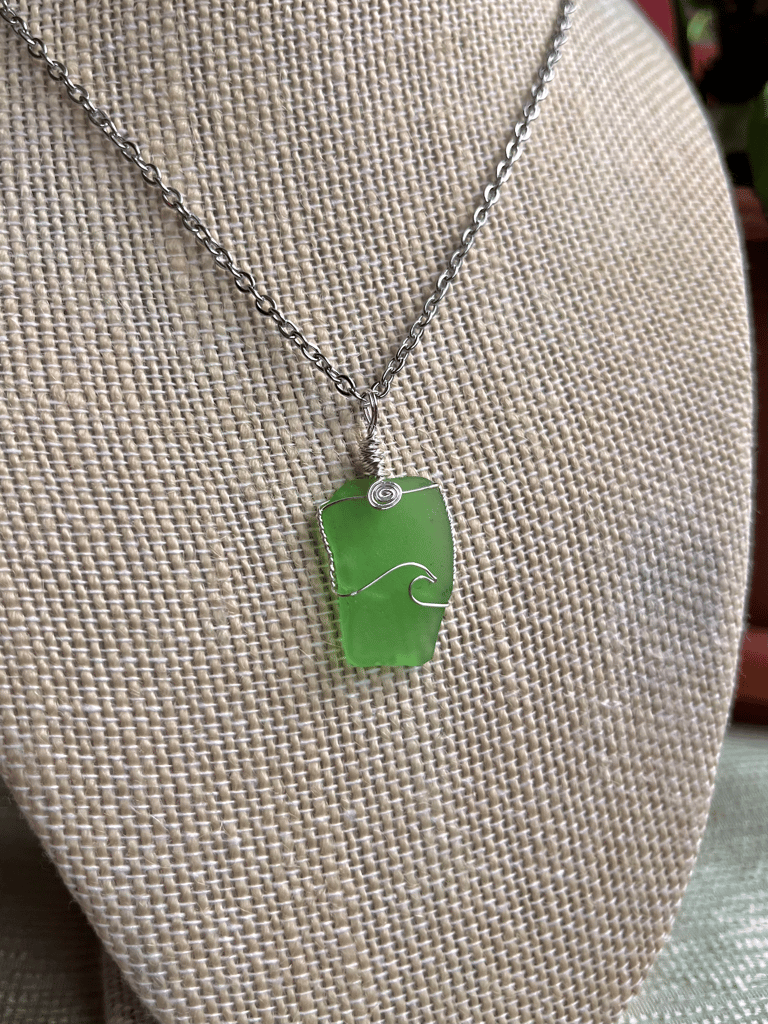 Silver Wave Green Sea Glass Necklace