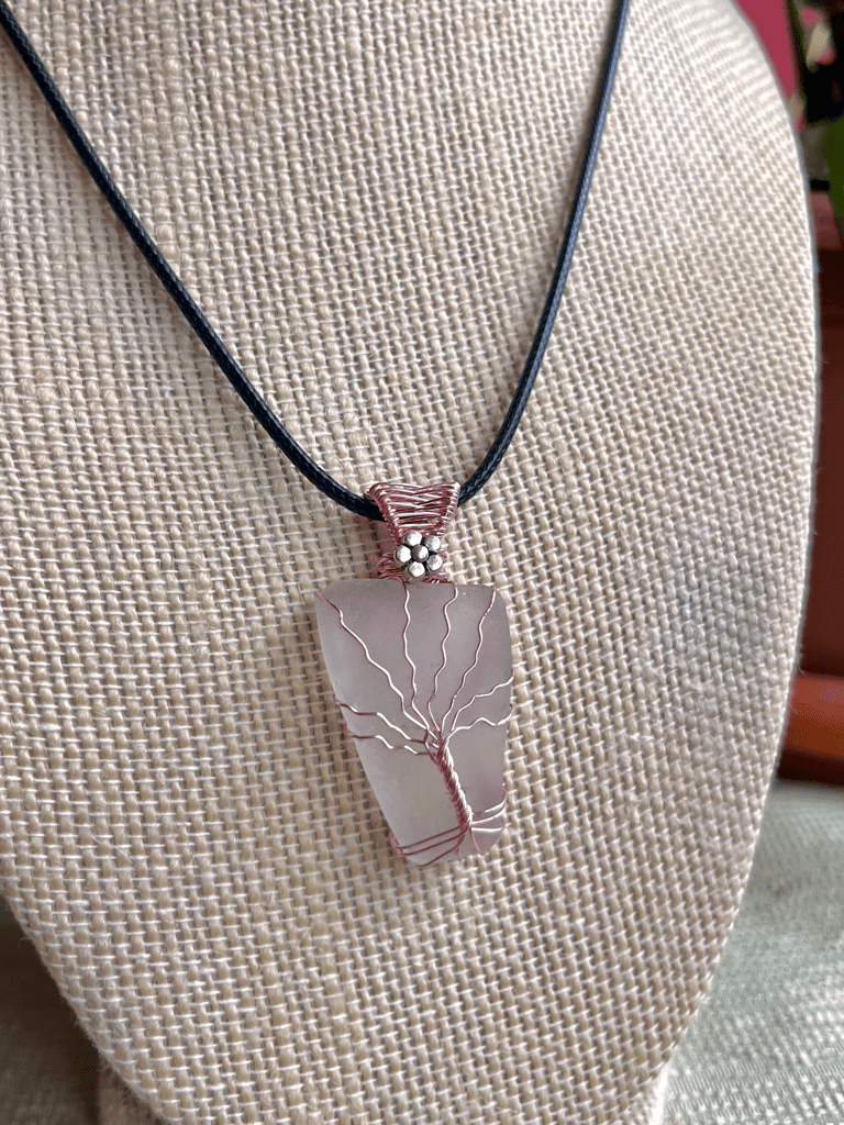 Pink Tree of Life White Sea Glass Pendant