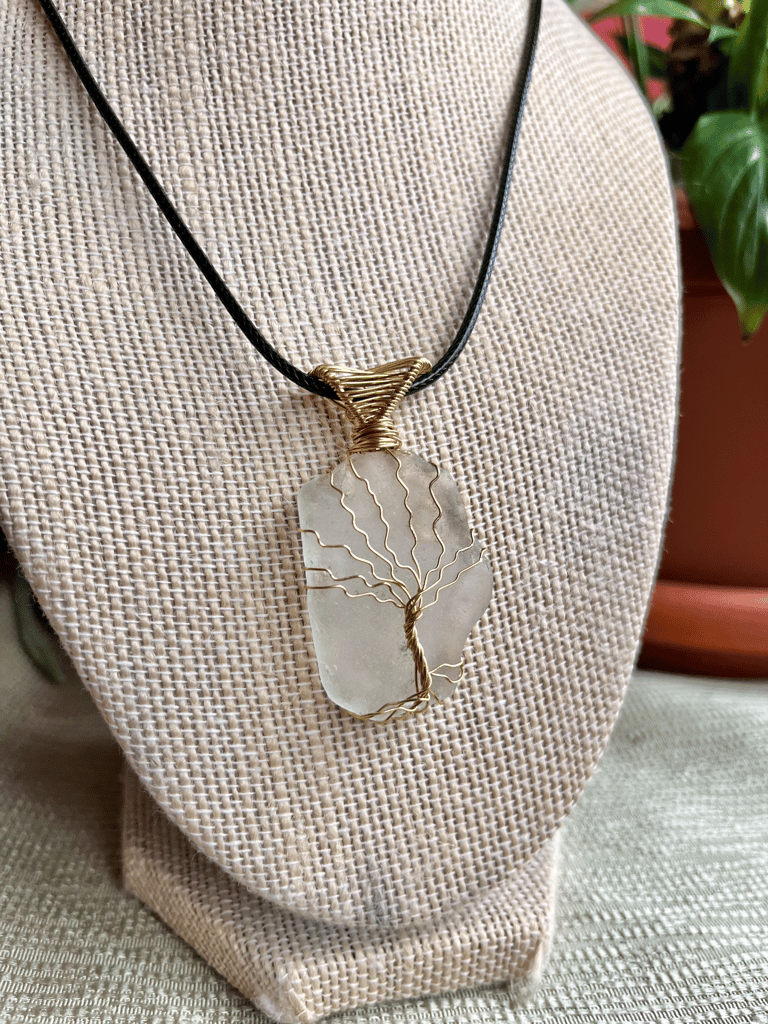 Gold Tree of Life White Sea Glass Pendant