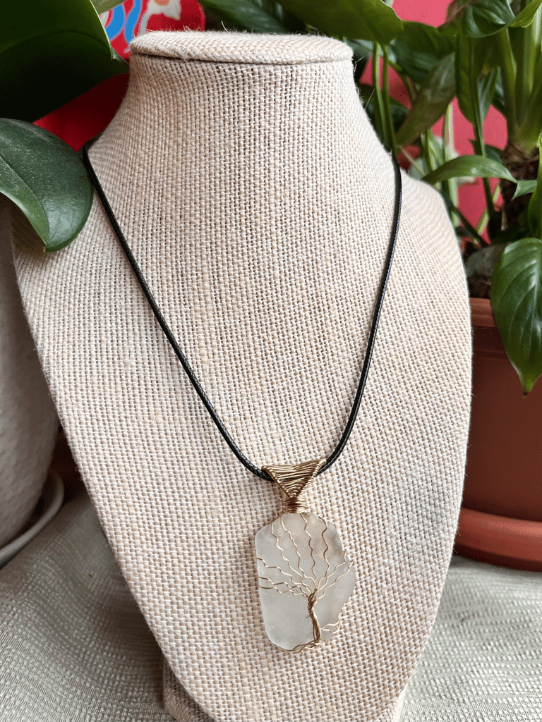 Gold Tree of Life White Sea Glass Pendant Image 2