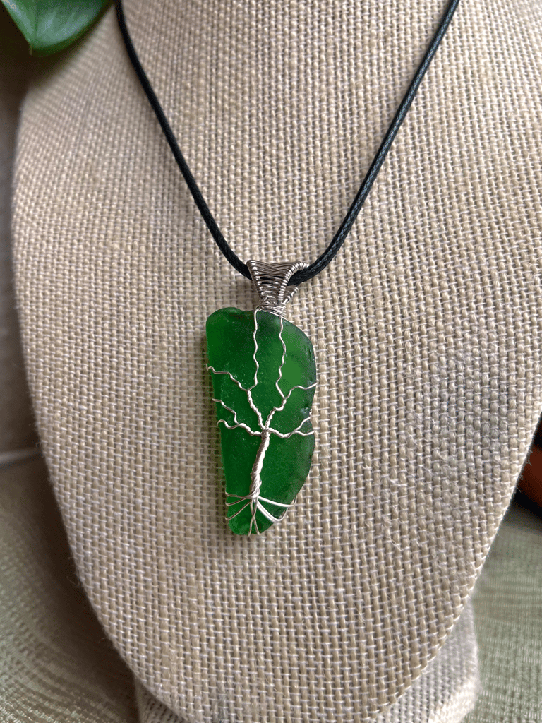 Silver Tree of Life Green Sea Glass Pendant