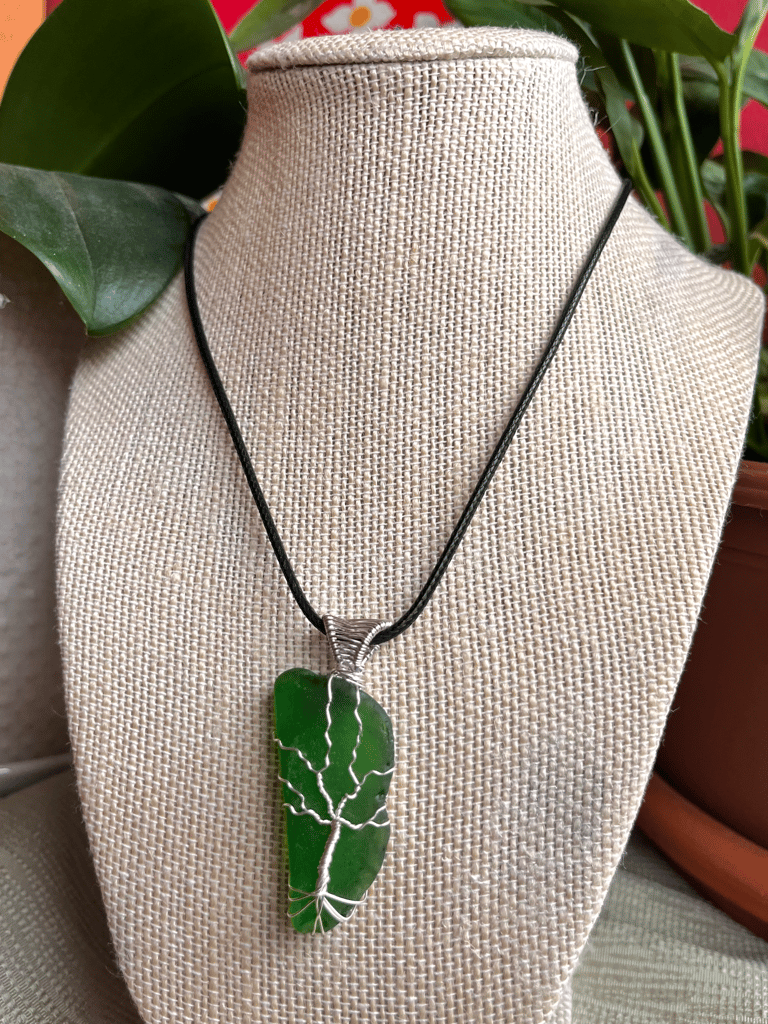 Silver Tree of Life Green Sea Glass Pendant Image 2