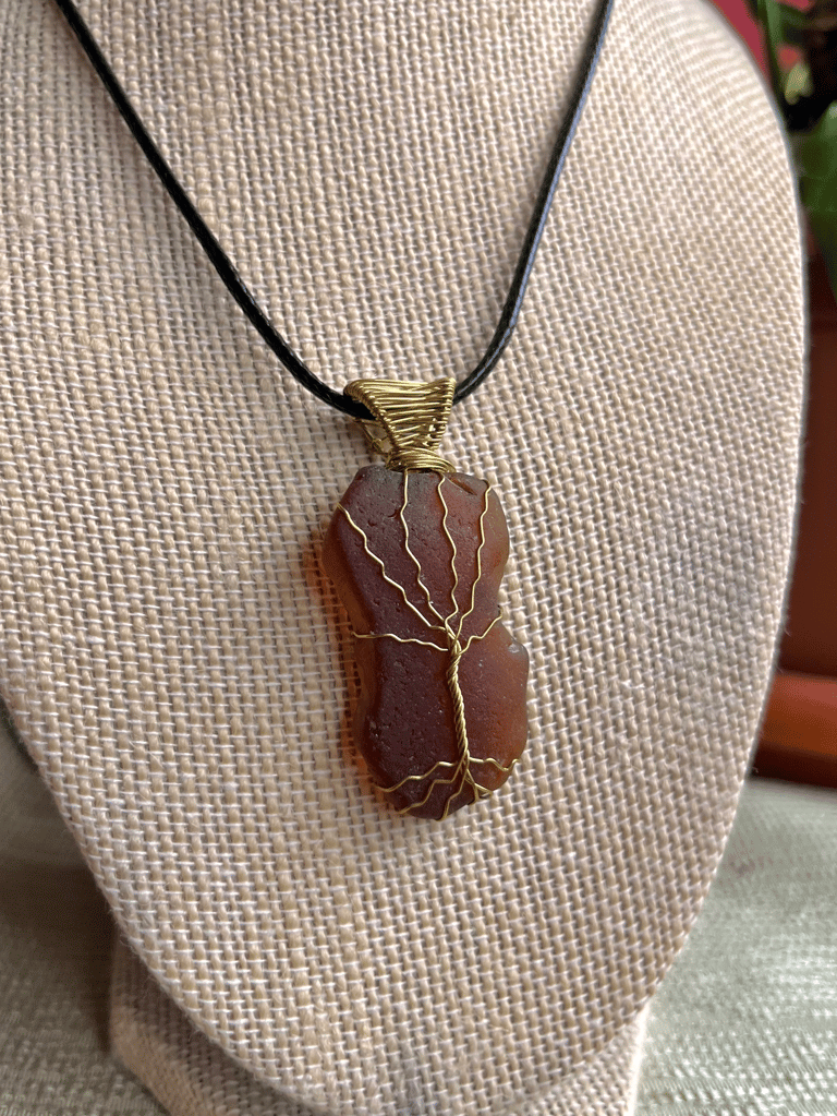 Gold Tree of Life Brown Sea Glass Pendant