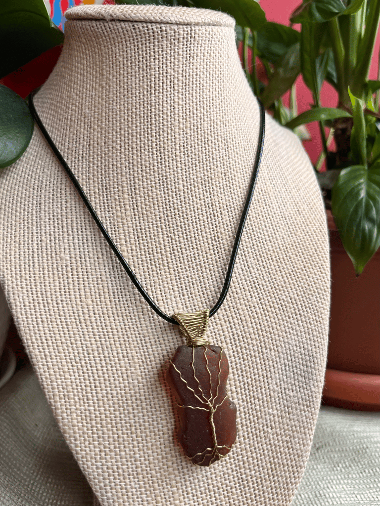 Gold Tree of Life Brown Sea Glass Pendant Image 2